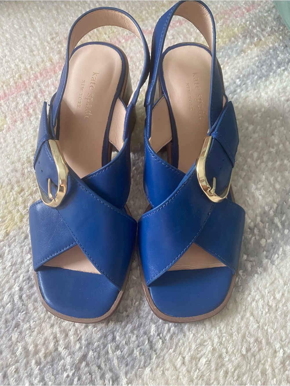 kate spade Royal Blue Leather Crisscross Slingback Sandals with Gold Buckle